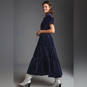 Anthropologie XXS NWT Somerset Velvet Edition Maxi Dress Long Tiered Navy Blue